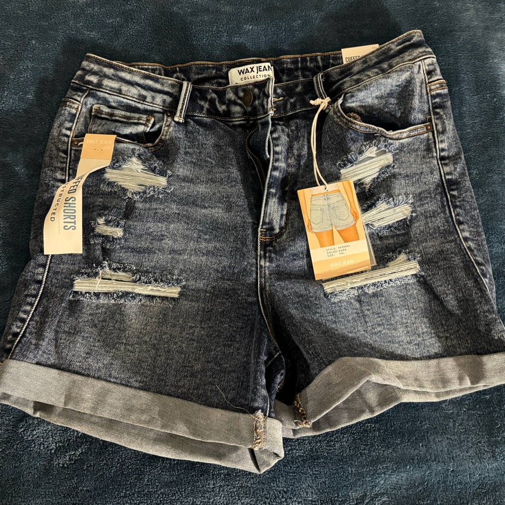 Wax Jean Women's Ripped Denim Shorts - Dark Blue